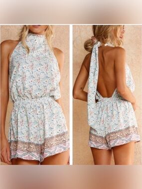 Faithfull the Brand Light Blue Floral Halter Backless Romper